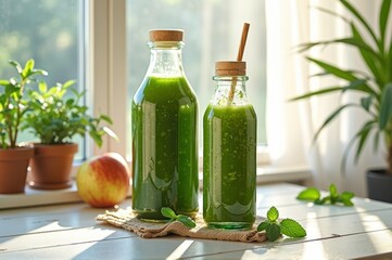 Fresh green smoothie bottles with mint and apple on sunny kitchen table