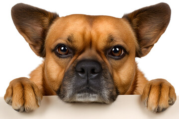 Obraz premium Cute French Bulldog peeking over white background, perfect for pet-themed designs, advertising, and playful visuals.