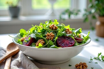 Fresh arugula and beet salad with walnuts in a sunlit kitchen