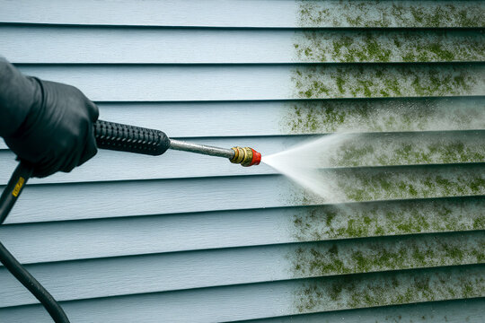 Pressure washer cleaning green mold from vinyl siding&mdash;clear before/after contrast. High-pressure water jet, home exterior maintenance, mildew and algae removal, power washing service.