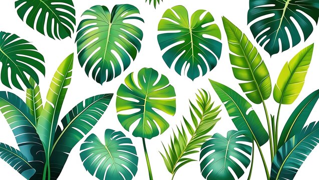 A Lush Pattern of Green Tropical Palm and Monstera Leaves - Powered by Adobe