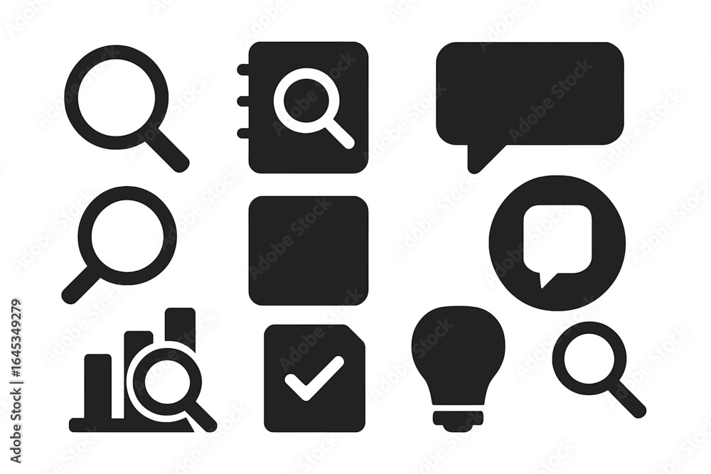 Poster collection of minimalist icons representing search, communication, and data analysis in a simple bla