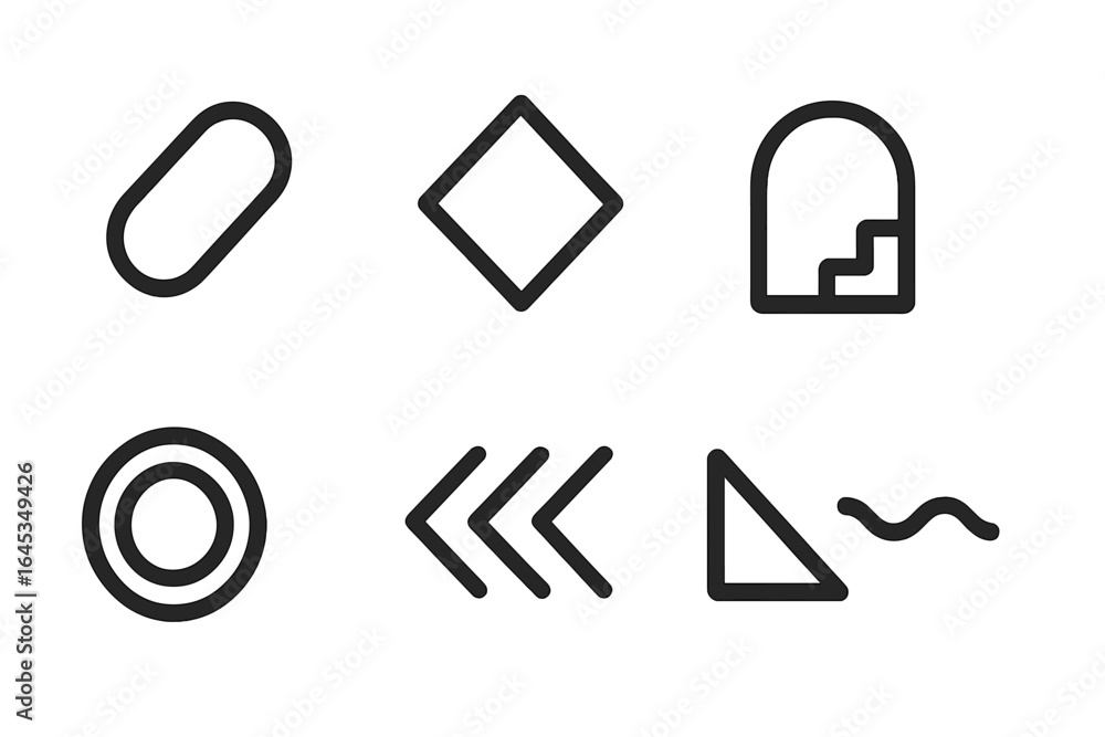 Poster geometric shapes and symbols displayed in a minimalist style, highlighting various designs and forms
