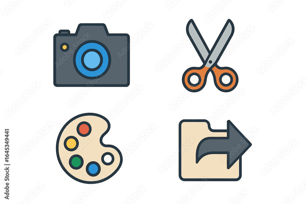 Poster tools for creativity in art and photography showcased in a simple layout with a camera, scissors, pa