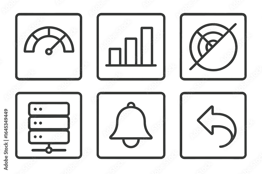 Aufkleber dashboard icons representing various metrics and functionalities for user interface design in a digi