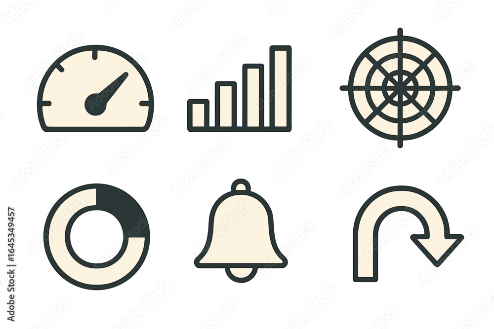 Aufkleber minimalist icons depicting various user interface elements and data visualization concepts on a simp