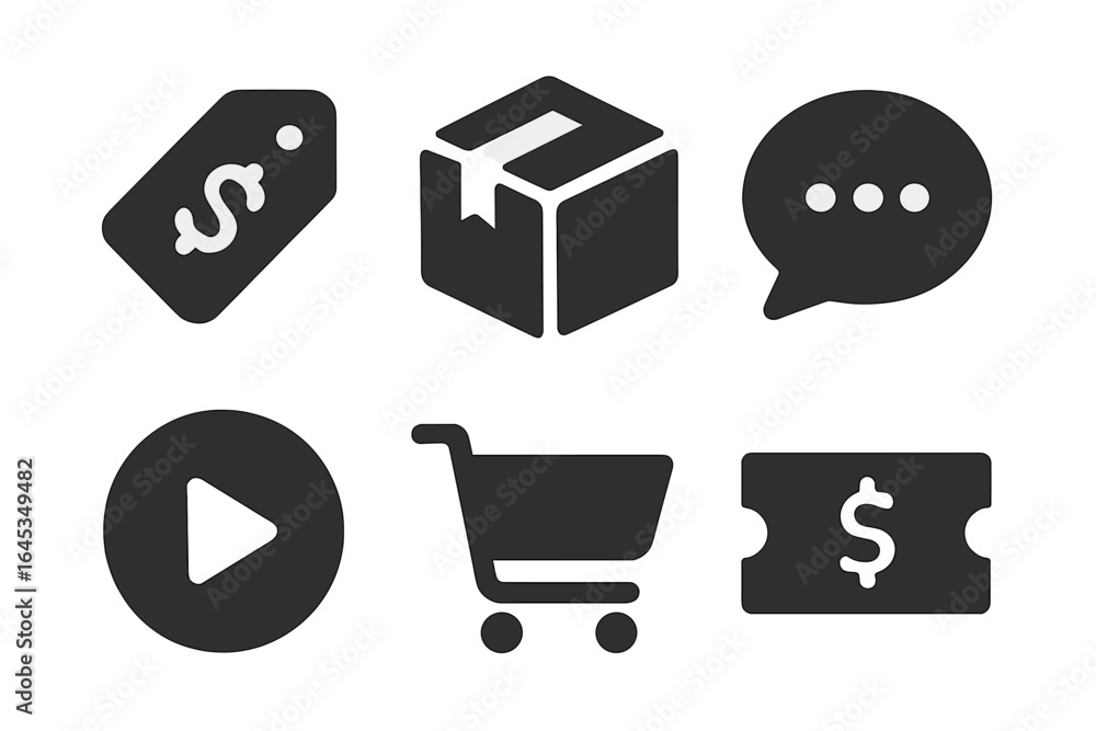 Poster collection of shopping-related icons featuring tags, packages, and carts displayed on a simple backg
