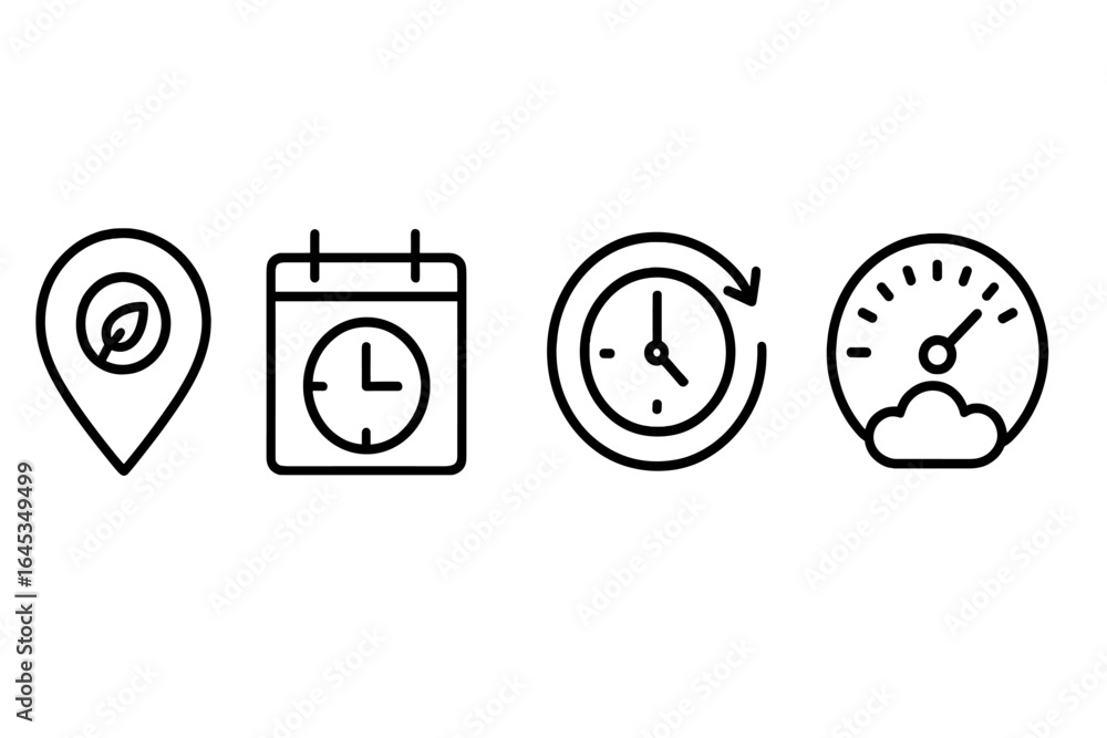 Poster icons representing various aspects of time management, scheduling, and location tracking in a minima