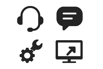 Fototapeta premium Icons representing customer support tools and services including headset, chat message, wrench, and computer monitor