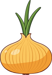 Cartoon illustration of a single, whole onion with green shoots.