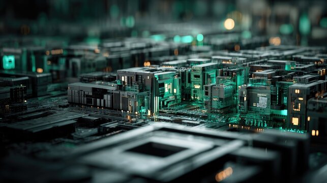 Futuristic cityscape of interconnected circuit boards