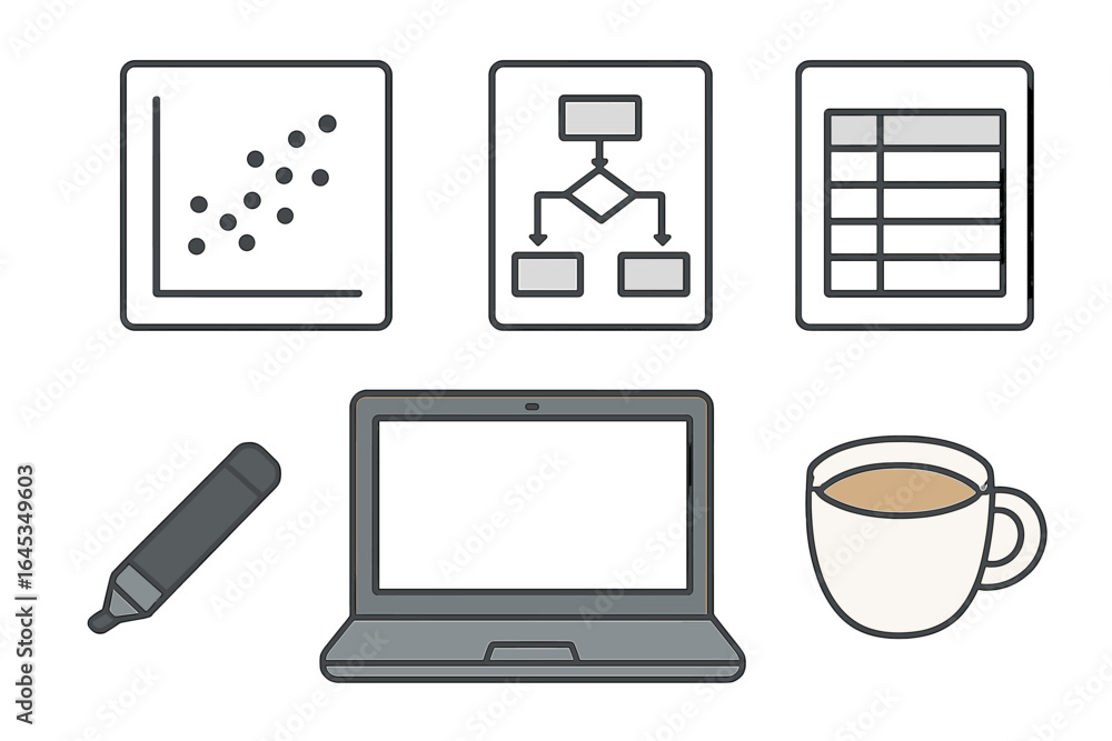 Poster data analysis tools and elements displayed with a laptop and coffee cup on a work desk