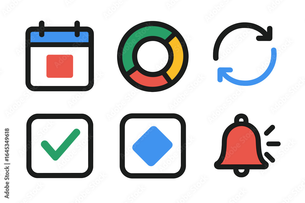 Poster simple icons representing calendar, analytics, refresh, checklist, task management, and notification