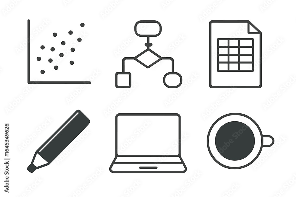 Poster data analysis tools displayed including graphs, flowcharts, and a laptop in a workspace setting