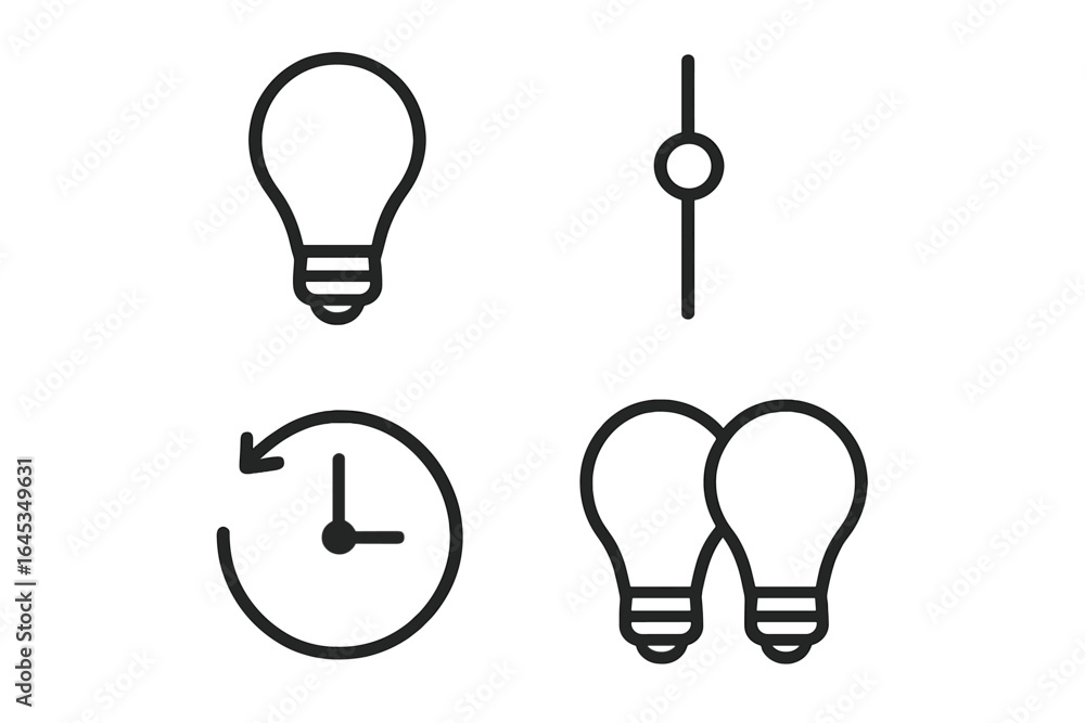 Poster various symbols representing energy efficiency, time management, and lighting concepts in a minimali