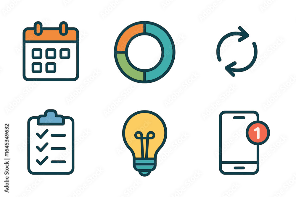 Poster colorful icons representing productivity tools and digital communication on a clean background