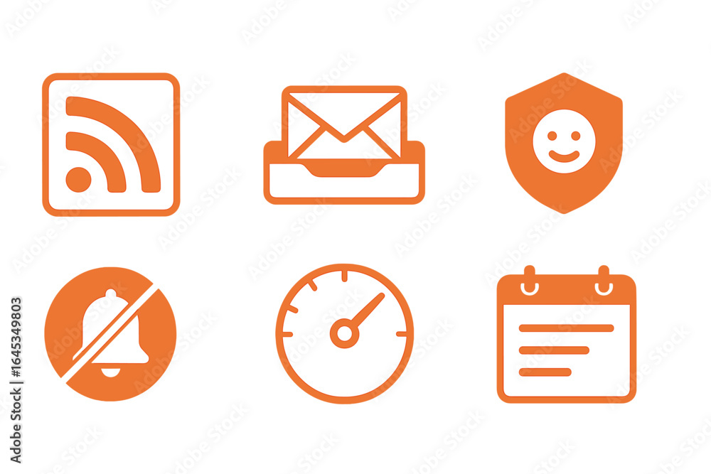 Poster collection of orange icons representing communication, alerts, and scheduling in a modern digital in