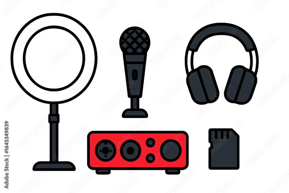 Poster recording setup with ring light, microphone, headphones, audio interface, and memory card for conten