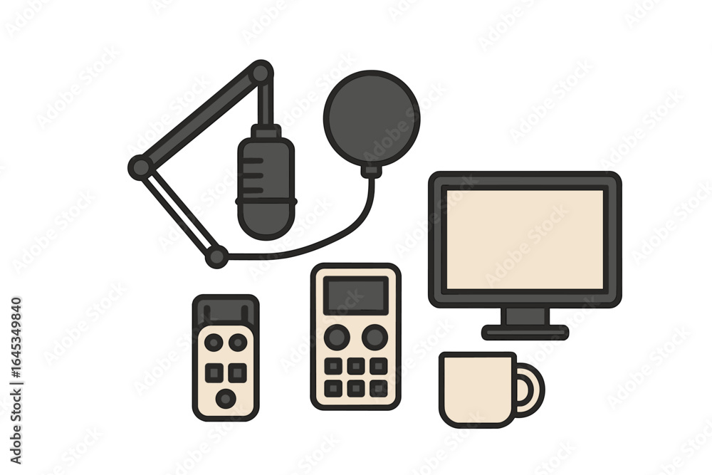 Poster equipment for a home studio setup including a microphone, computer, and remote control in a minimal 