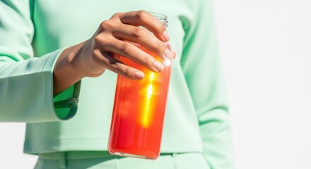Woman holds a refreshing red cocktail in a glass during summer, enjoying a cold and fruity beverage
