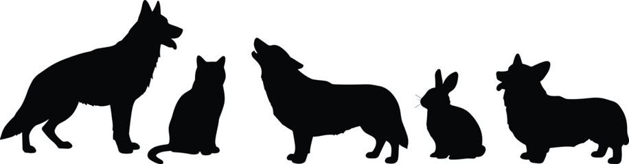 Pet animal silhouettes collection, including dogs, cats, and rabbits, black vector illustration for veterinary, pet care, adoption, and animal-related designs