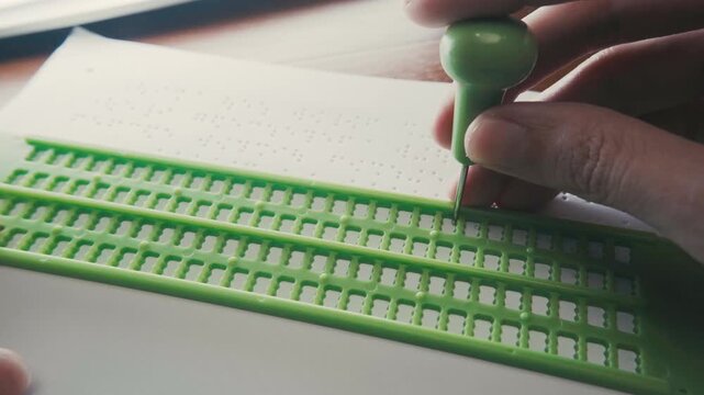 Writing Braille with Braille Slate and Stylus. Text on the paper is a dummy Lorem ipsum text.