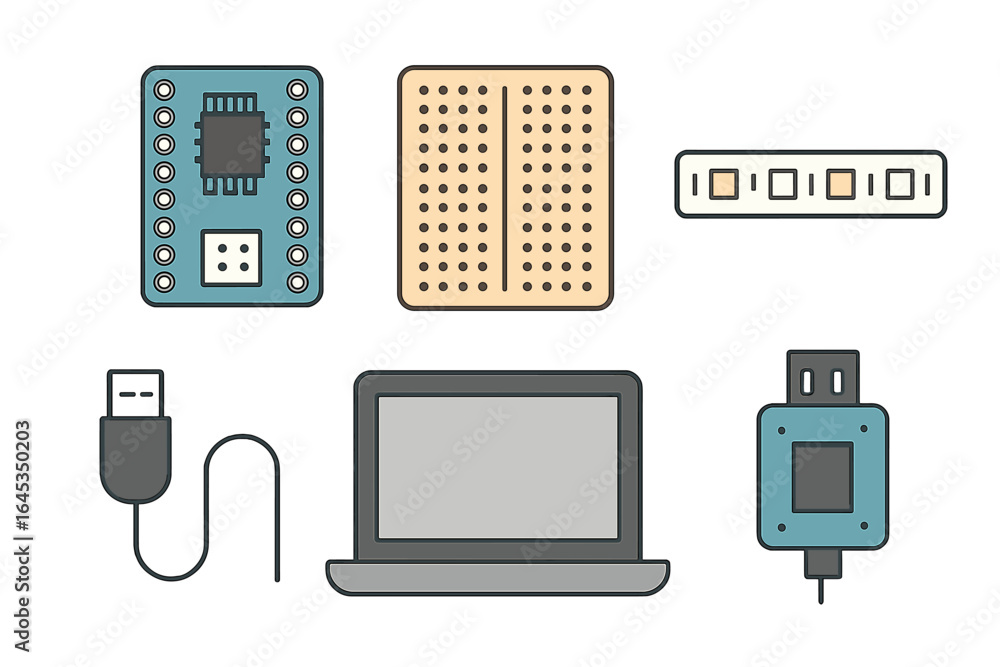 Poster tech components for electronics projects displayed on a clean surface featuring a laptop, breadboard
