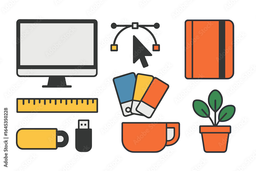 Poster Colorful workspace tools and materials arranged neatly on a desk with a computer and plants