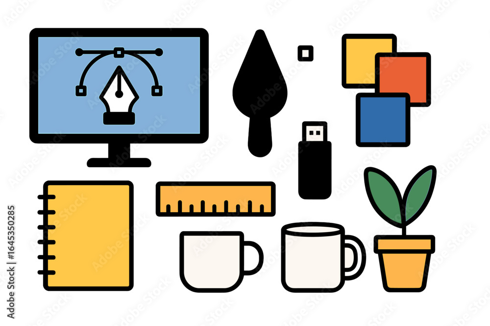 Poster creative workspace featuring design tools and elements for graphic projects at a modern office setti