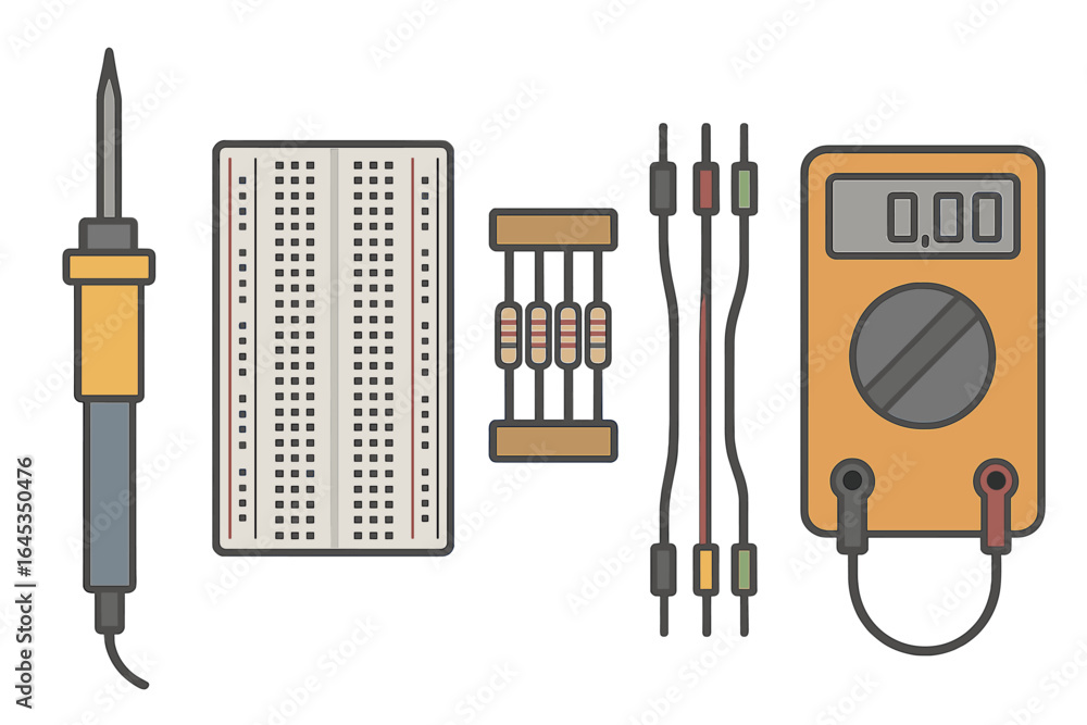 Poster tools and components for basic electrical experiments on a workspace