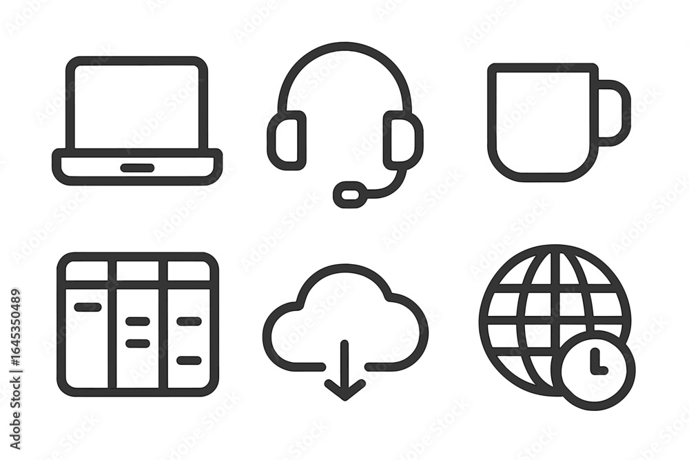 Poster technology icons representing online work and communication in a digital environment focused on prod