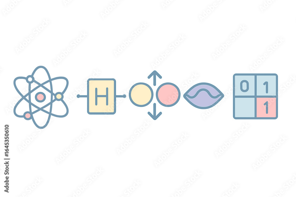 Poster symbols representing science, technology, and data concepts in a colorful graphic design suitable fo