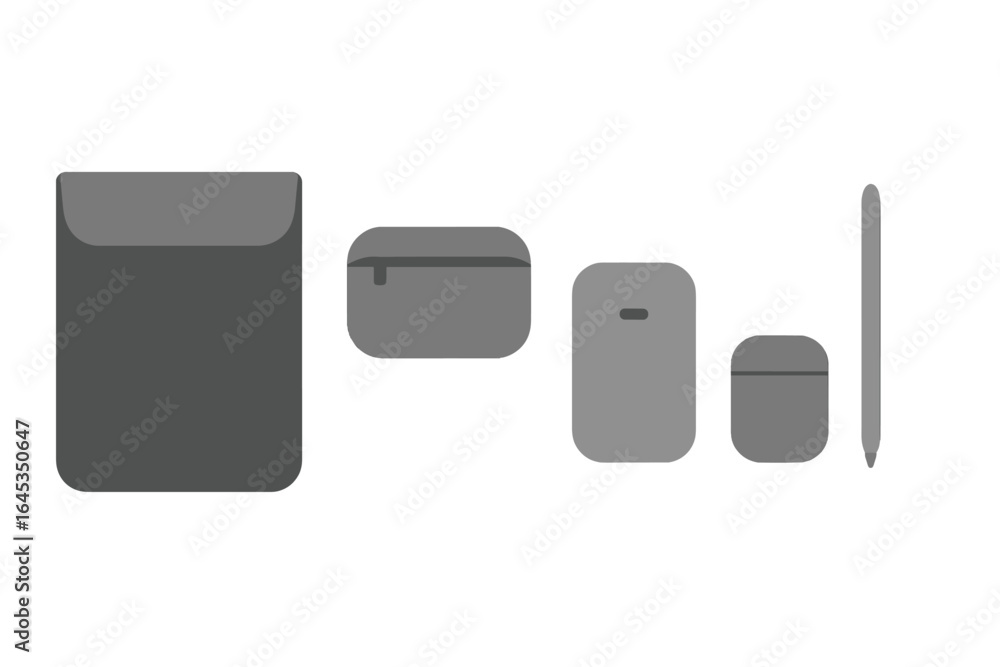 Poster collection of modern tech accessories arranged neatly on a surface in a minimalist style