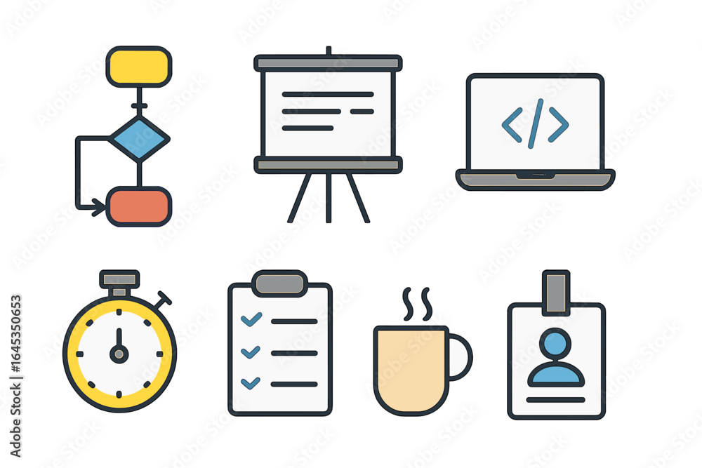 Poster flowchart and office tools for project planning in a modern workspace during a busy workday