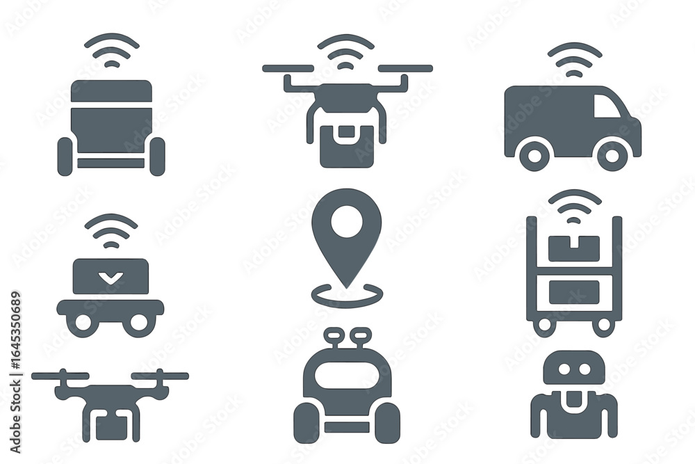 Poster modern delivery solutions with drones, autonomous vehicles, and smart tracking systems for efficient