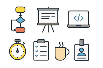 Flowchart and office tools for project planning in a modern workspace during a busy workday