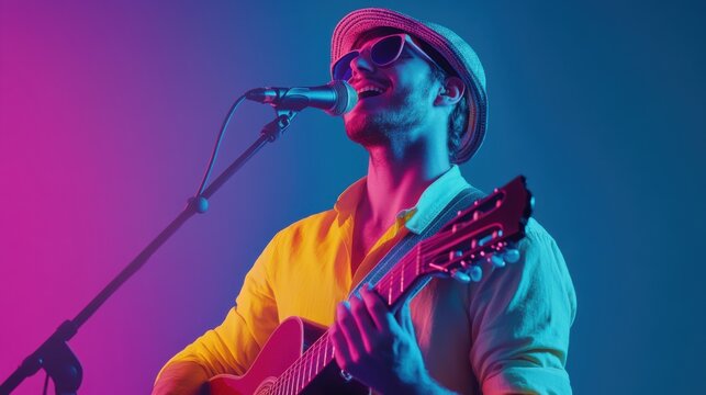 Vibrant Musician Serenades Under Neon Lights, Singing with Acoustic Guitar