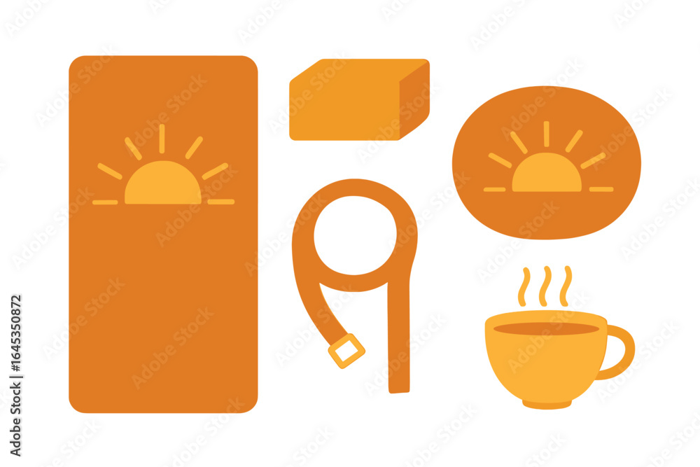 Poster creative arrangement of orange objects with sun motifs set on a white background showcasing minimali