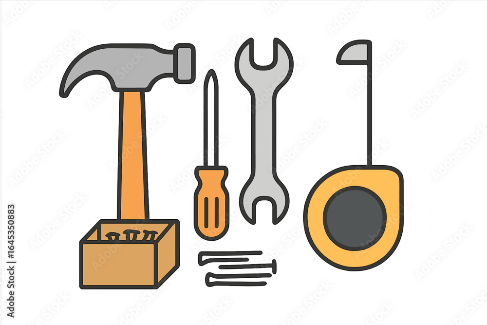Poster collection of essential tools for home improvement projects displayed on a clean background with nea