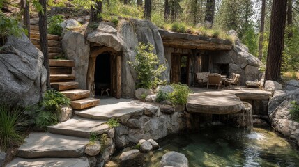 Fototapeta premium Tranquil retreat unique stone cabin by serene stream nature landscape cozy view