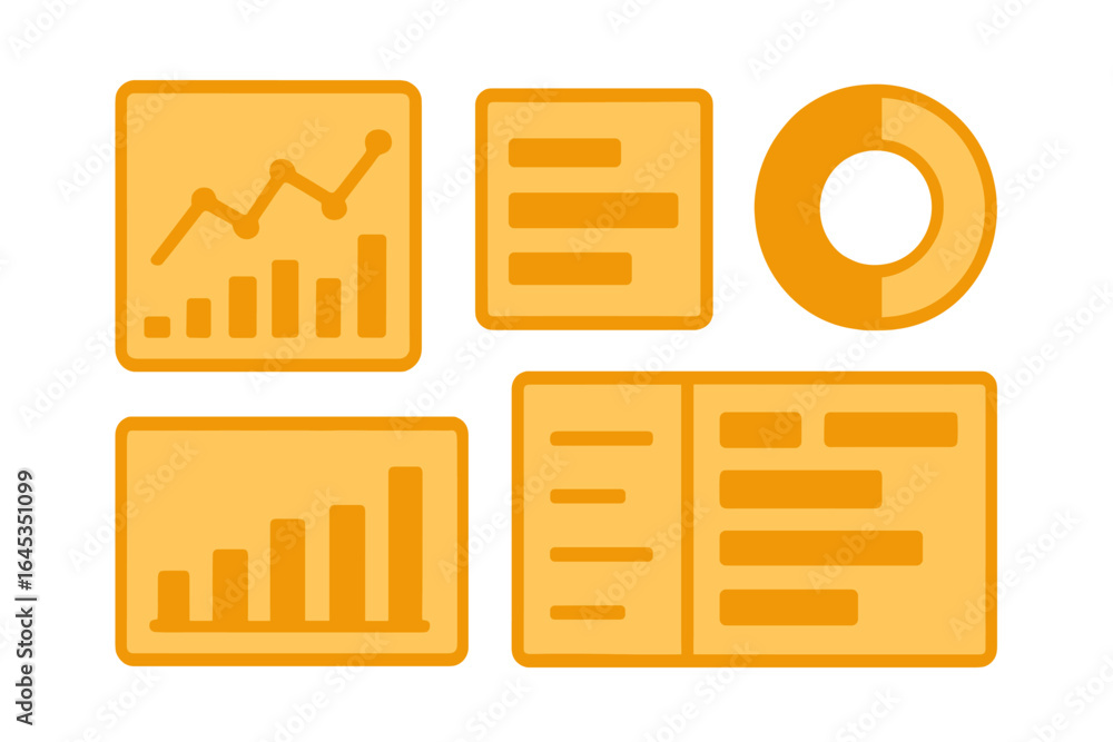 Aufkleber data visualization elements featuring charts and graphs in shades of yellow for analytical presentat