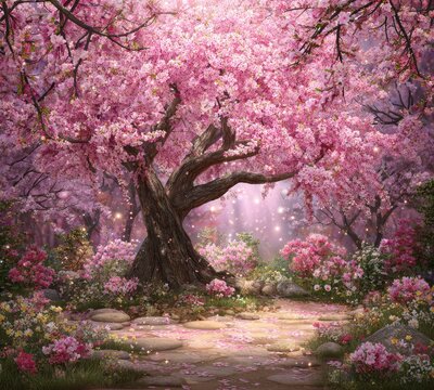 A magical, blossoming cherry blossom forest path
