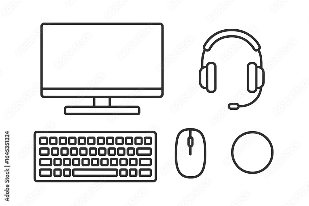 Poster computer setup with monitor, keyboard, mouse, and headset for gaming or work in a modern workspace