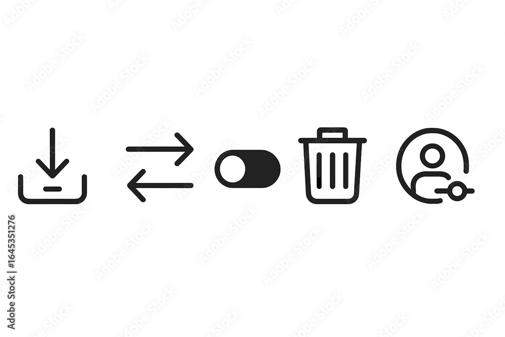 Aufkleber vector icons representing various online actions related to downloads, exchanges, deletions, and use