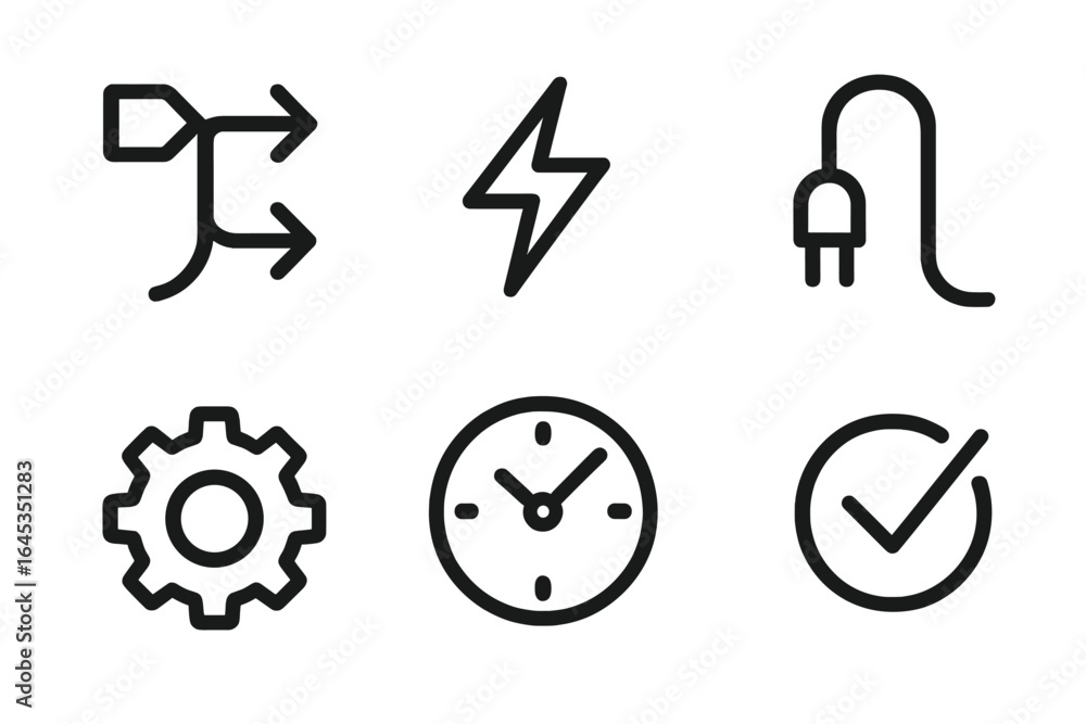 Poster symbols representing technology and efficiency with arrows, lightning, plug, gear, clock, and check 