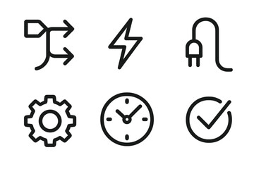 Fototapeta premium Symbols representing technology and efficiency with arrows, lightning, plug, gear, clock, and check mark on a clean background