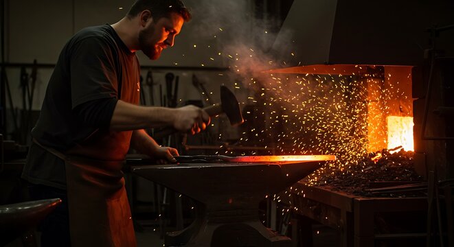 Intense Blacksmith at Work, Hammering Glowing Iron Amidst a Shower of Sparks