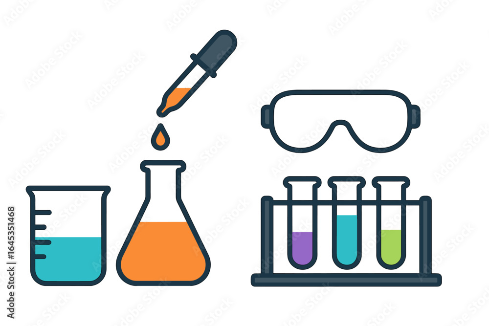 Poster laboratory experiment showing various glassware with colored liquids and a dropper, illustrating sci
