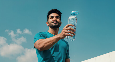 Athletic man holding a water bottle against a bright blue sky after exercising to stay hydrated and healthy on a sunny day