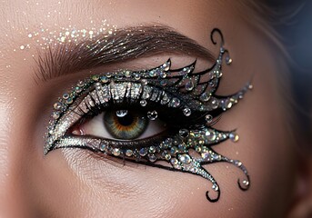 Close-up of a woman's eye with stunning glitter and crystal makeup. Perfect for beauty, fashion, and cosmetics. High-fashion, glamour, sparkle.